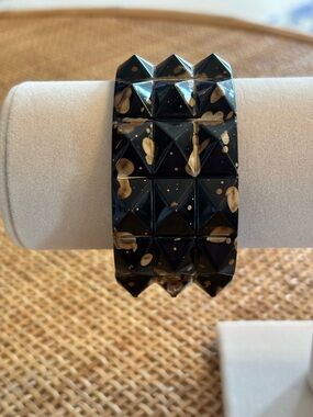 Vintage Studded Lucite Bangle Bracelet Black Confetti Hinged Wide